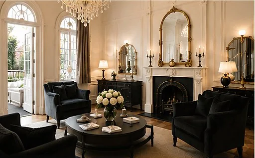 Heritage drawing room lounge with fireplace and gilt mirror