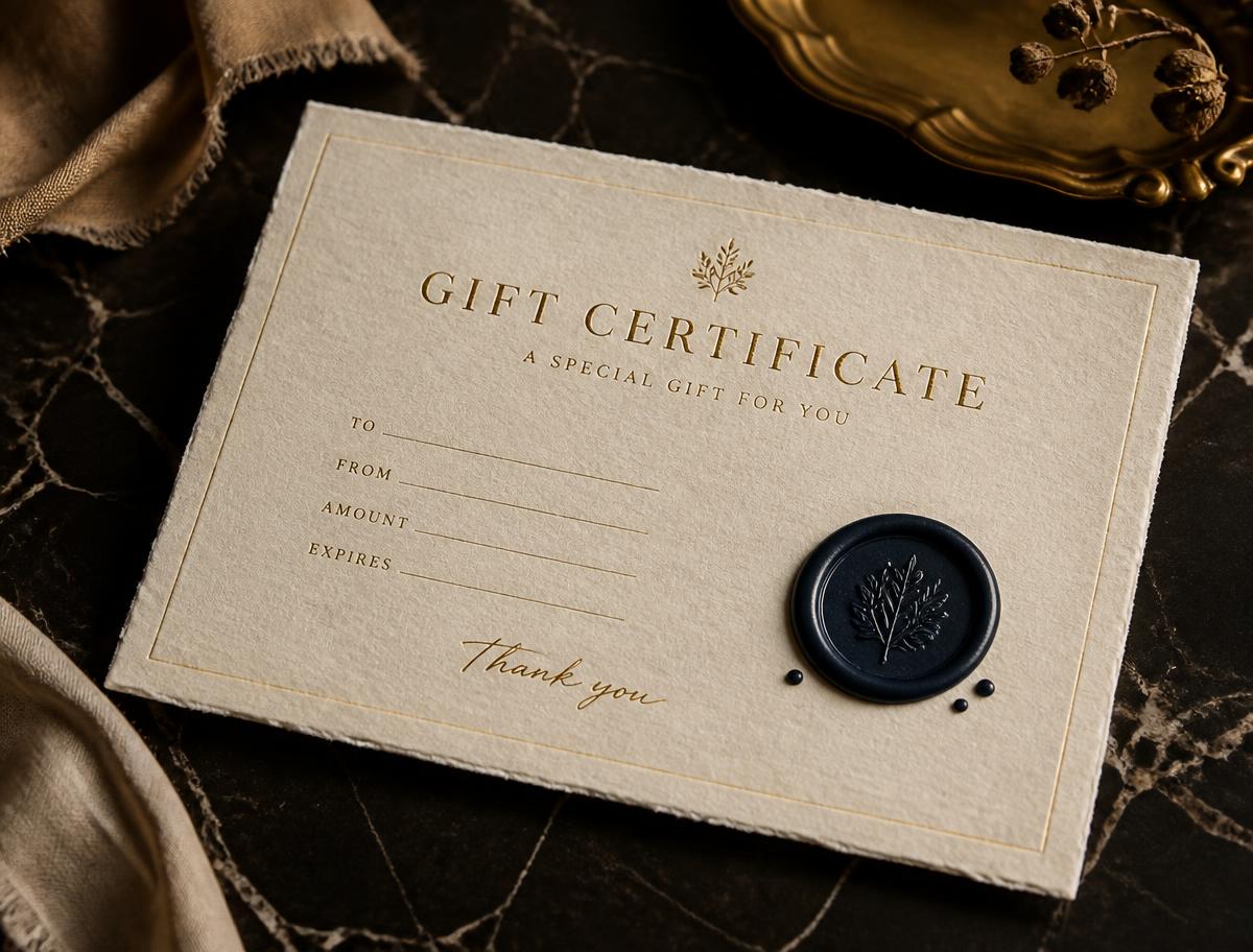 Signature Heritage gift certificate on hand-made paper with a wax seal